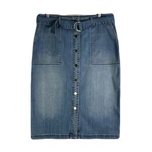 CHICOS Denim Belted Midi Skirt With Button Front Womens Size 15